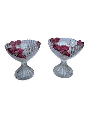 Vintage Pink Floral Pressed Glass Pedestal Dessert Bowls Set of 2 Candy Dish